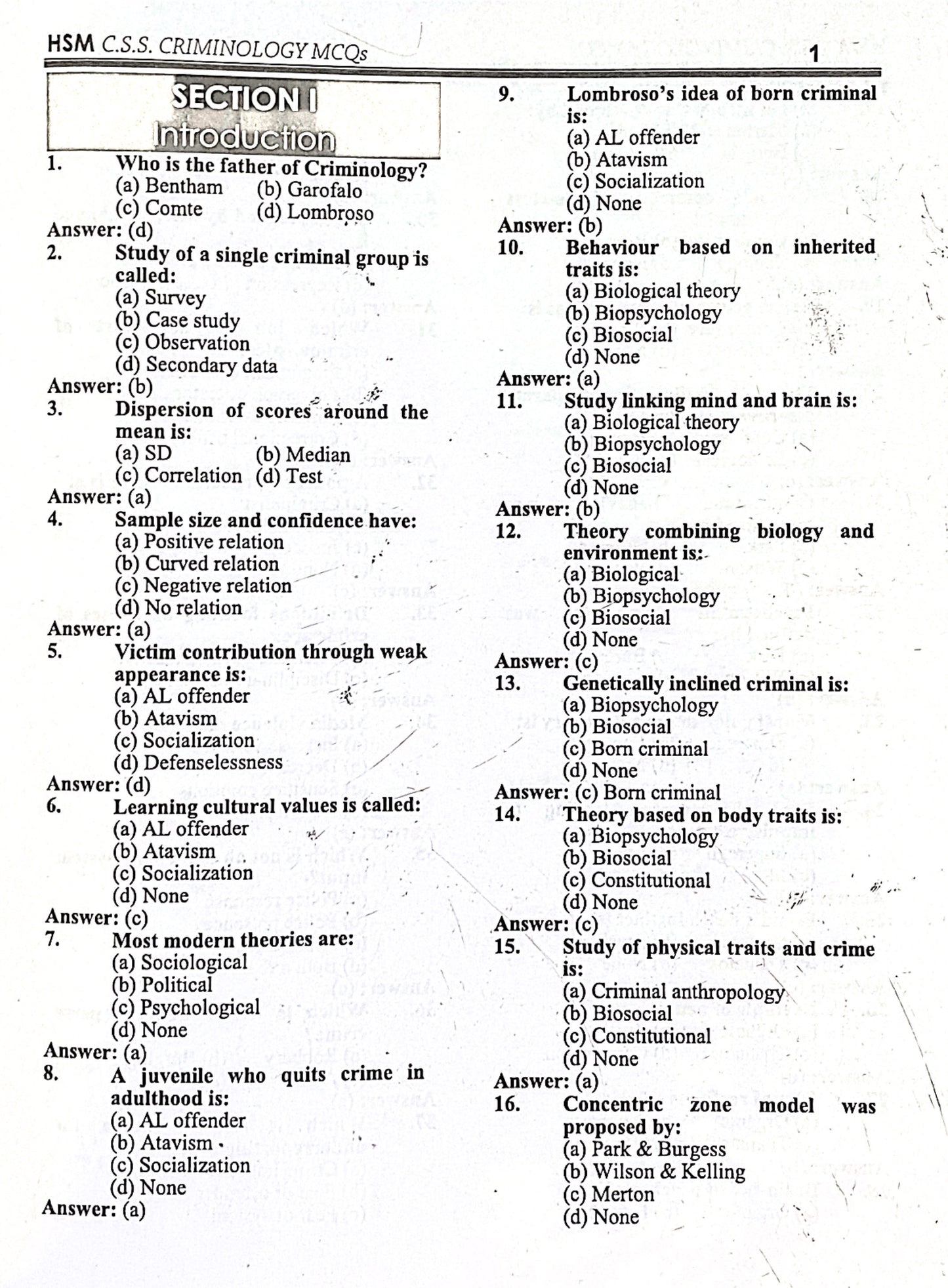 Criminology MCQs for CSS by Aamer Shahzad