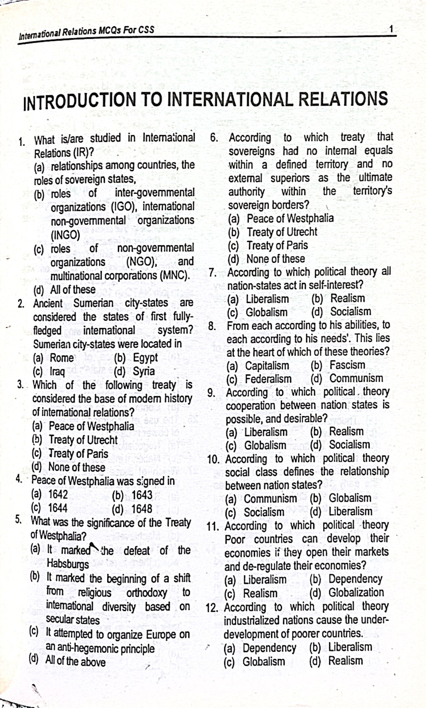 International Relations MCQs for CSS by Rai Iqbal Kharal